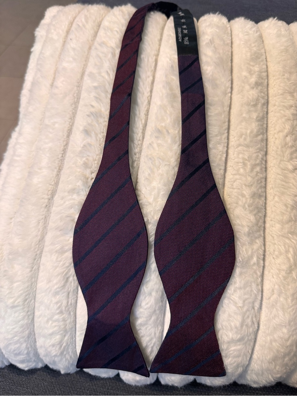 RP &108. Brooks Brothers Burgundy Bow Tie with Navy Diagonal Stripes